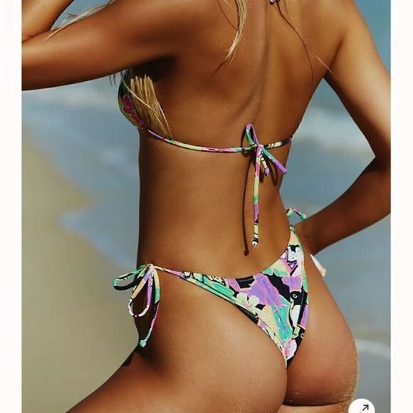 Free People x It’s Now Cool The 90s Tie-up Bikini Bottoms Blue Yellow Sz Large - Picture 7 of 7